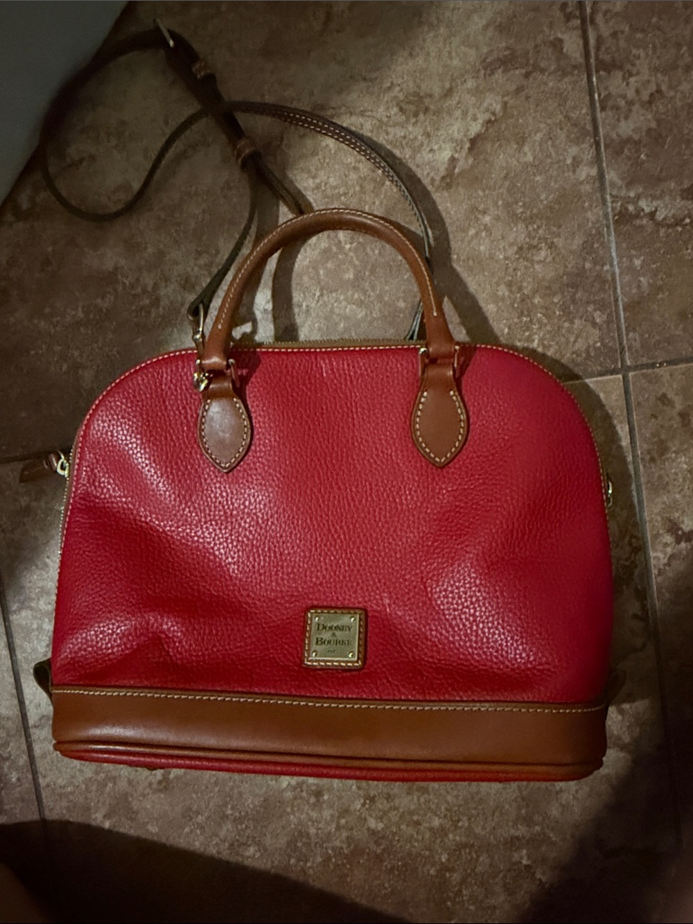 Dooney & Bourke Red Pebble Leather Satchel with Brown Trim and Handles